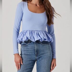 Astr Women's Light Blue Long Sleeve Buble Hem  Peplum Top Size M